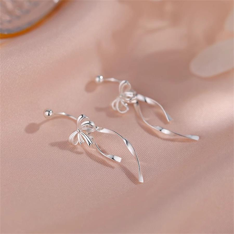 S925 Silver Ribbon Bow Stud Earrings Super Fairy Earrings Earrings