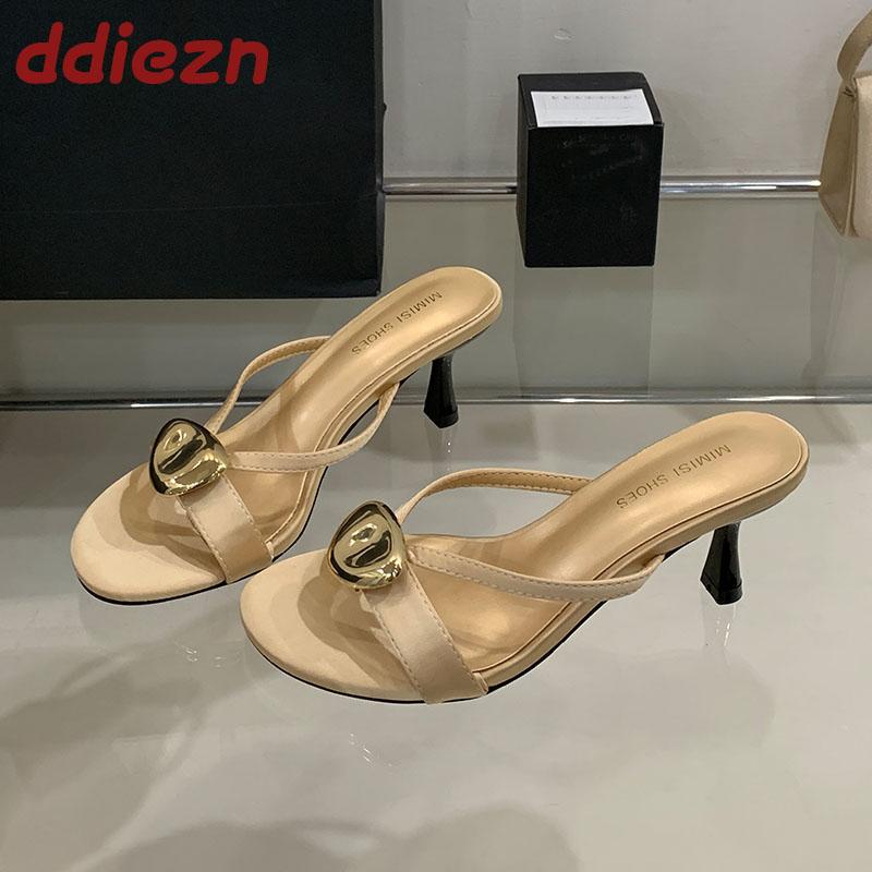 Fashion Fashion Metal Women High Heels Pumps Slides Shoes New In Spring Summer Female Slip On Footwear Round Toe Ladies Thin Heels Shoes