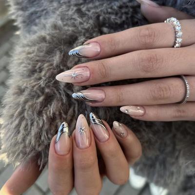 French 3D Silver Metal Almond Nail Tips - Short Style False Nails