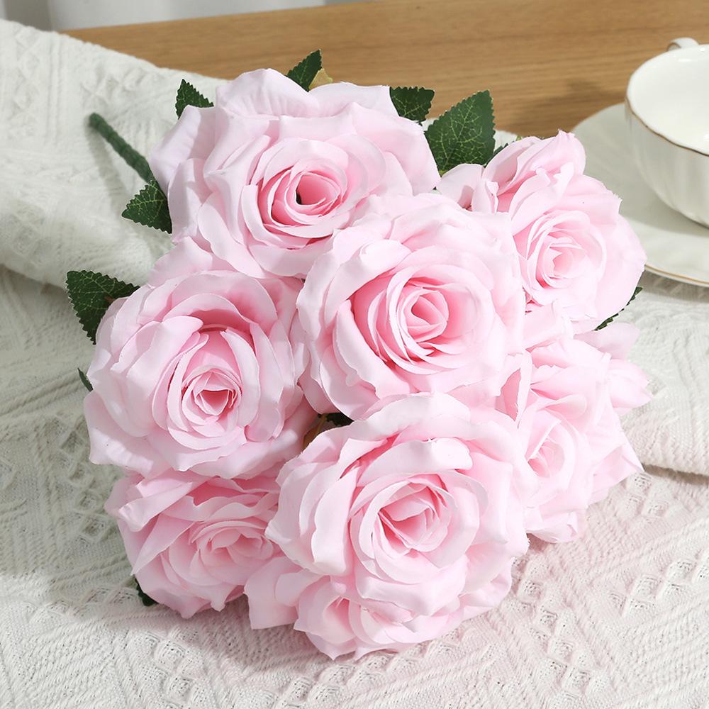 Artificial Roses 9 Heads Bridal Bouquet Fake Flowers for Centerpieces Wedding Decoration Wholesale (light Pink,40CM)