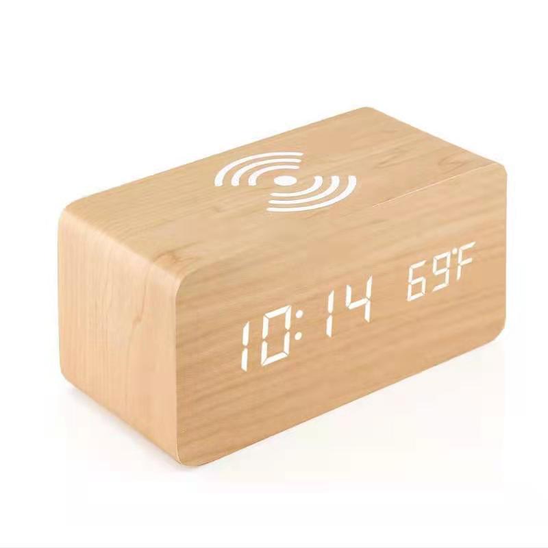 Wireless Charging Clock Sound Control Clock Wooden Clock Smart Wireless Charging Temperature Alarm Clock Electronic Digital Wooden Clock