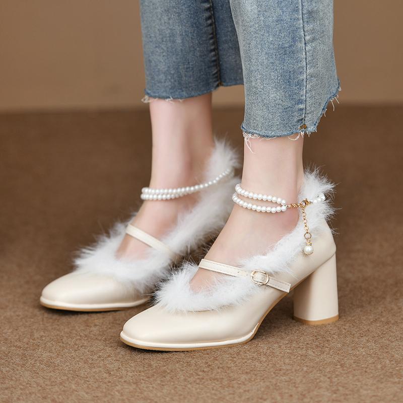 

Fashion Women s Thick Heel Cotton Shoes Winter New Square Head Shallow Mouth Word with Anti-slip Wear-resistant High Heels 39