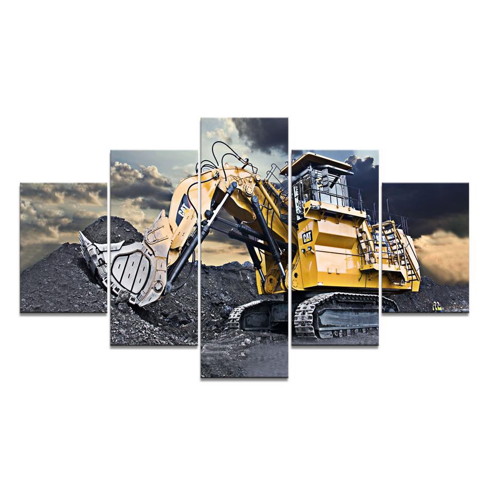 No Framed 5 Pieces Excavator Car Modular Wall Art Canvas Posters Pictures Paintings Home Decor for Living Room