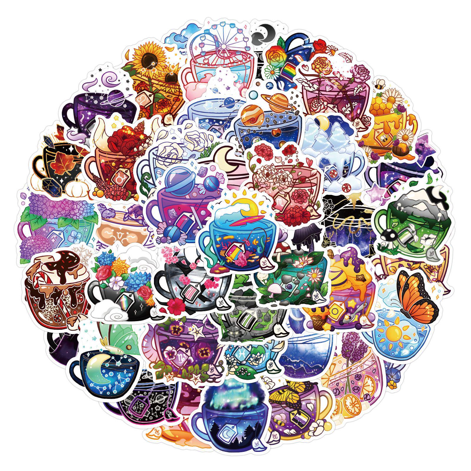 

50 Colorful Tea Cup Graffiti Stickers for DIY, Skateboards, Luggage, Waterproof Sports Decor (50 Sheets)