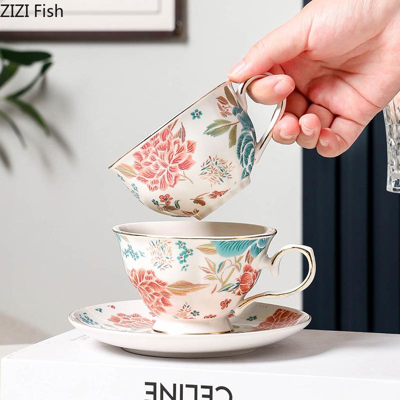 Floral Blooming Painted Cup&saucer Golden Edge Porcelain Coffee Mug Dining Table Afternoon Tea Teacup Fruits Juice Cup Mugs