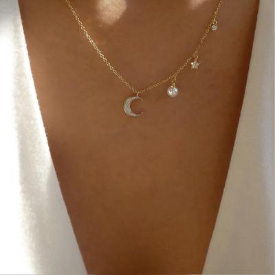 Diamond Pendant Necklace European and American Alloy Simple Versatile Jewelry Women's Five-pointed Star Moon Collarbone Chain