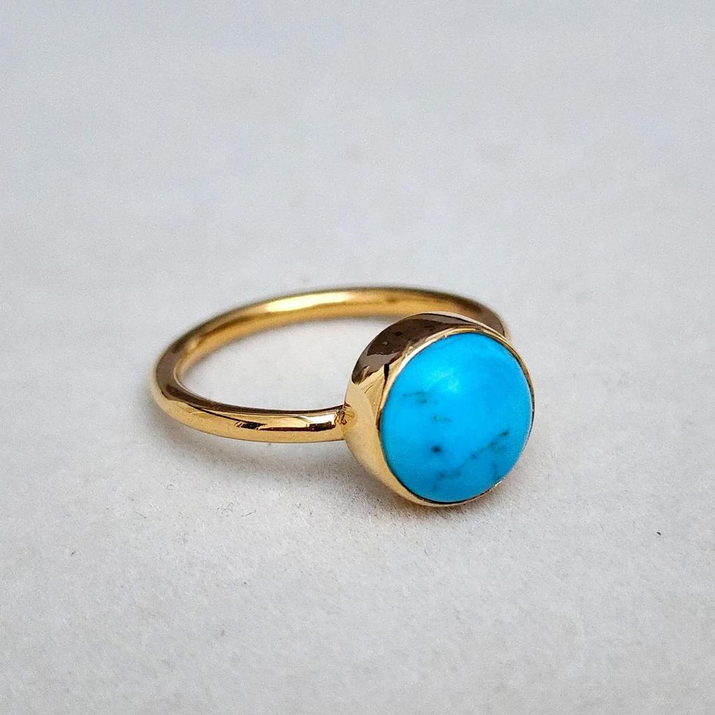 Round Cab Blue Sleeping Beauty Arizona Turquoise Silver 14K Yellow Gold Ring Jewelry