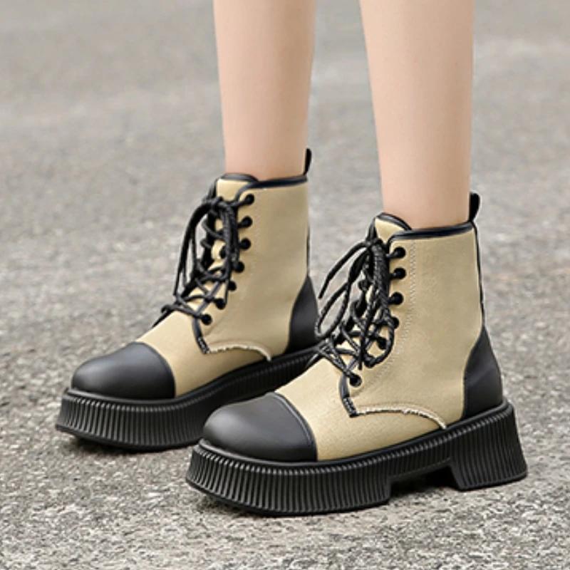 Fashion Women's Shoes Fashion Lace Up Women's Boots Autumn British Style Round Toe Mixed Colors Short Barrel Block Heel Large Size Boots