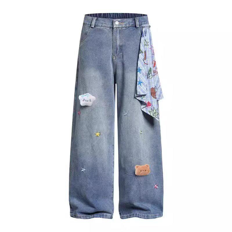 

Retro Cartoon Embroidery Plus Size Women’s Wide-Leg Jeans - Slimming, Loose Fit for Pear-Shaped Bodies M синій