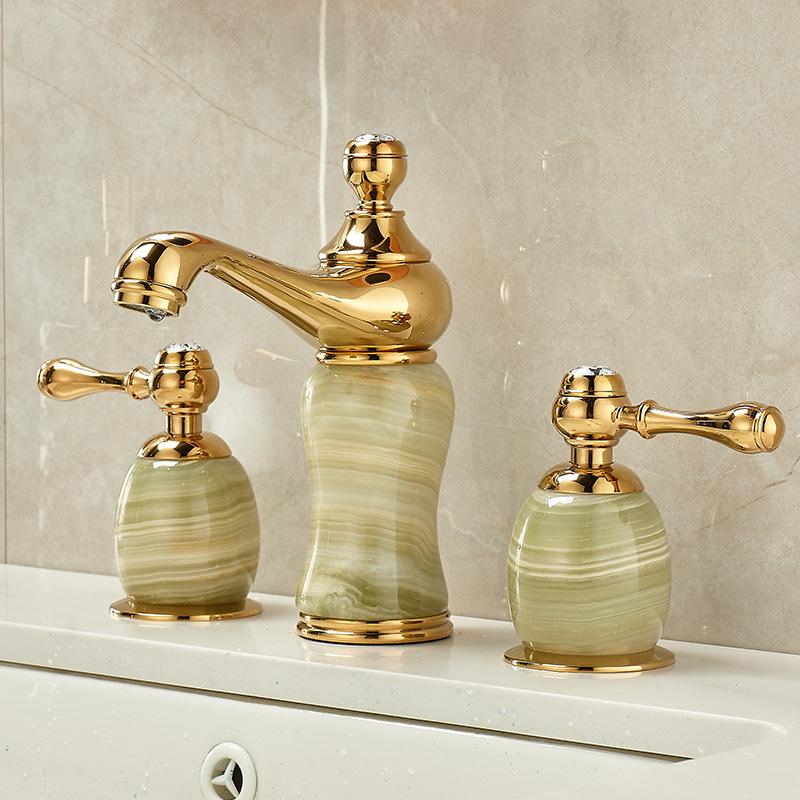 Basin Faucet Gold Brass Jade Bathroom Sink Faucet 3 Hole Widespread Basin Mixer Double Handle Hot And Cold Water Tap New Arrival