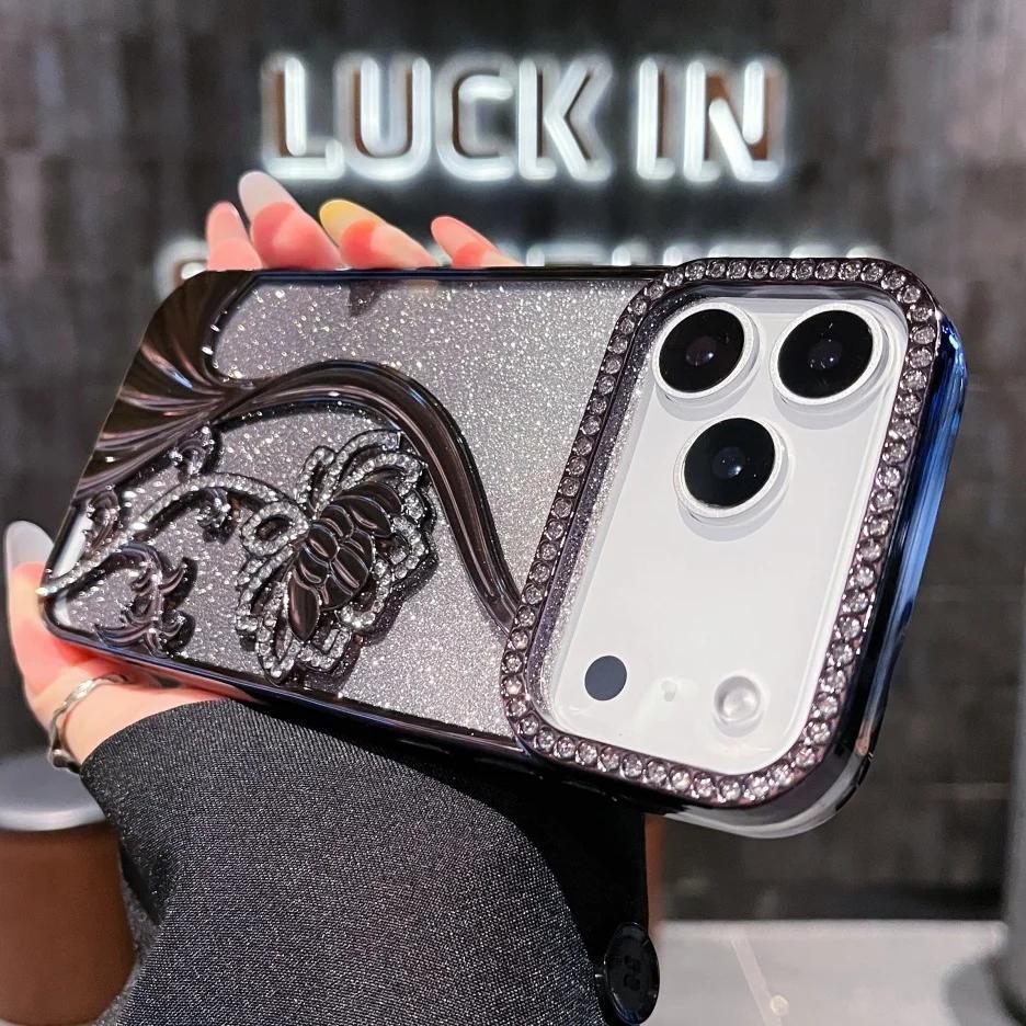 Gradient Glitter Phone Cover for Apple IPhone 12 13 14 15 16 17 Pro Max Air Plus Diamond Flowers Plating Luxury Cases Women