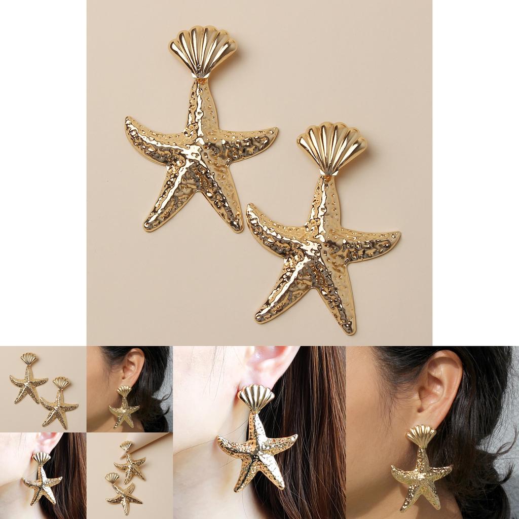 Gold Fashionable Shell Starfish Design Women Metal Earrings For Beach Summer