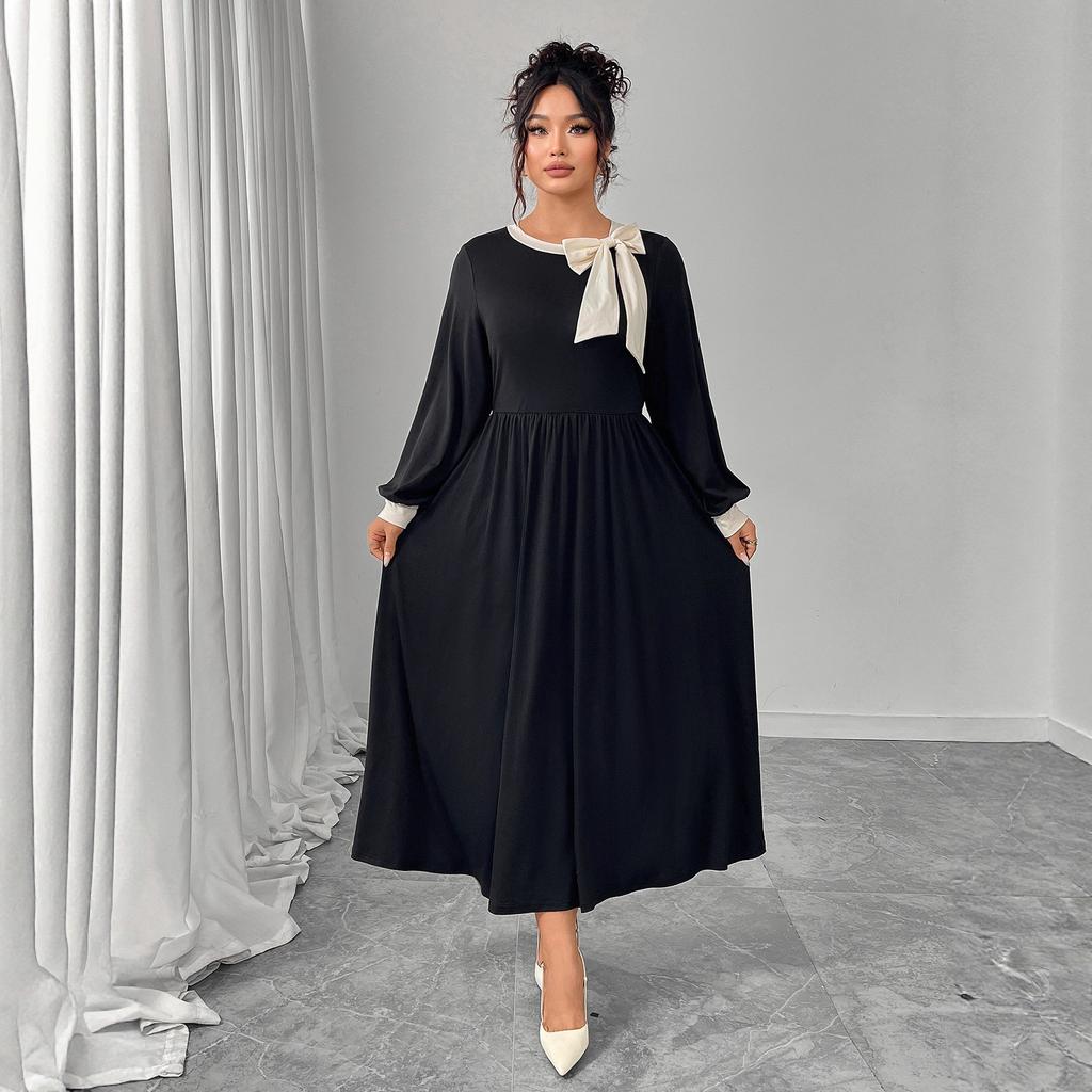 A Large-sized Color-blocking Three-dimensional Bow Dress for Women A Retro Slimming and Belt-covering Long Dress for Autumn and Winter