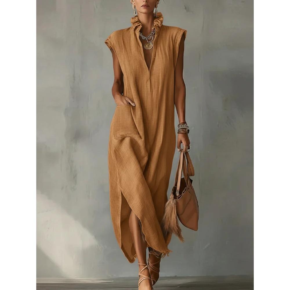 

Summer Europe, America, women s dress cotton and linen sleeveless solid color, loose V-neck casual XXXL помаранчевий
