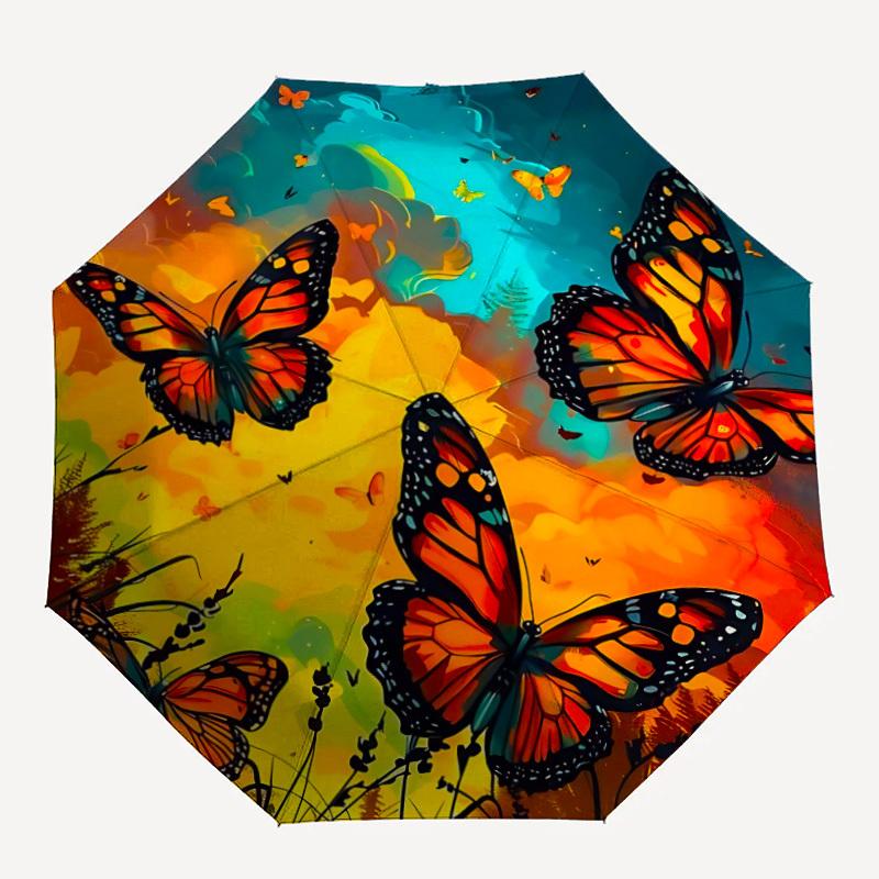 

1pc Butterflies Sunset Automatic Folding Umbrella - Compact 8-Rib Design, Durable Plastic & Iron, 057