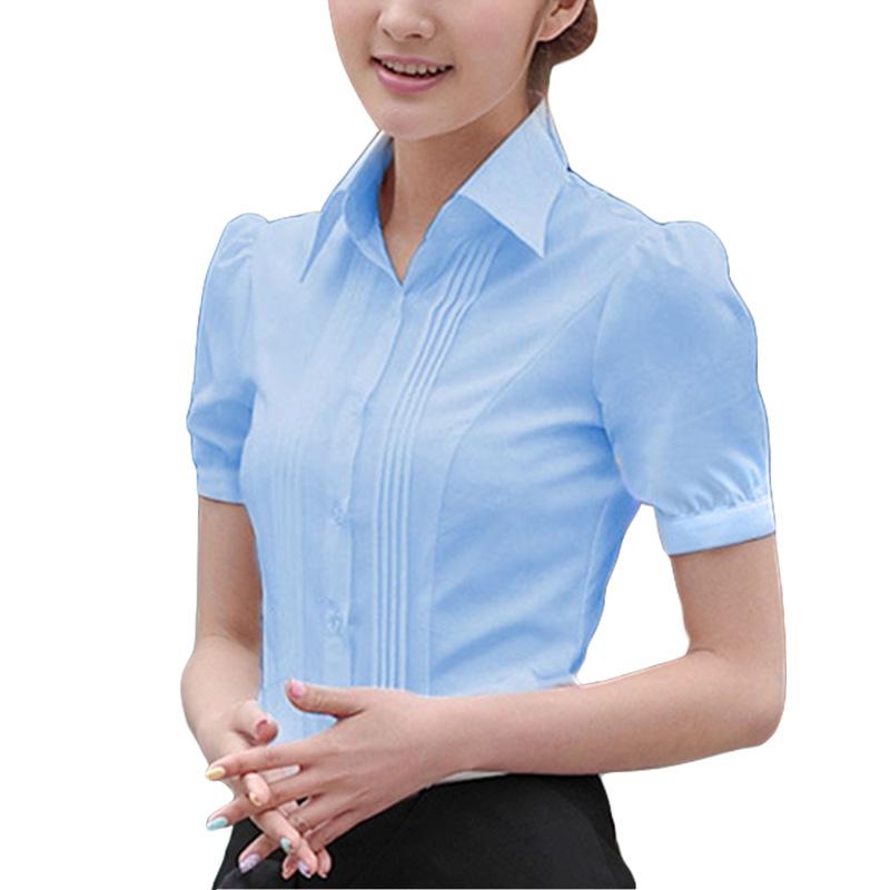 

Жіноча літня елегантна блузка з коротким рукавом і відкладним коміром, топи, сорочки, офісна блузка. M небо синє кольору