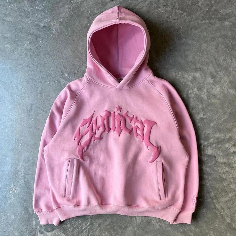 American Vintage Gothic Letter Print Hoodie Loose Fit Couple Casual Sweatshirt Streetwear