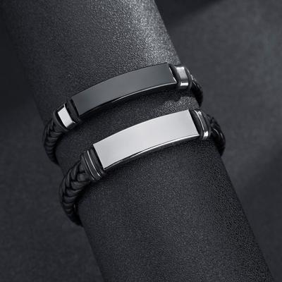 Simple Twisted Braid Leather Bracelet Stainless Steel Chain Engravable Jewelry for Women Men