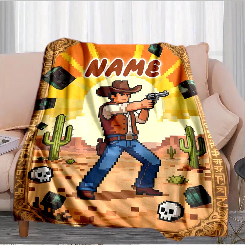 1PC Custom Name Cowboy Adventure Pixel Art outdooor Flannel blankets Throw Blanket All-Season Throw Gift Bedspread for Couch, Bed, Camping Holiday Bir
