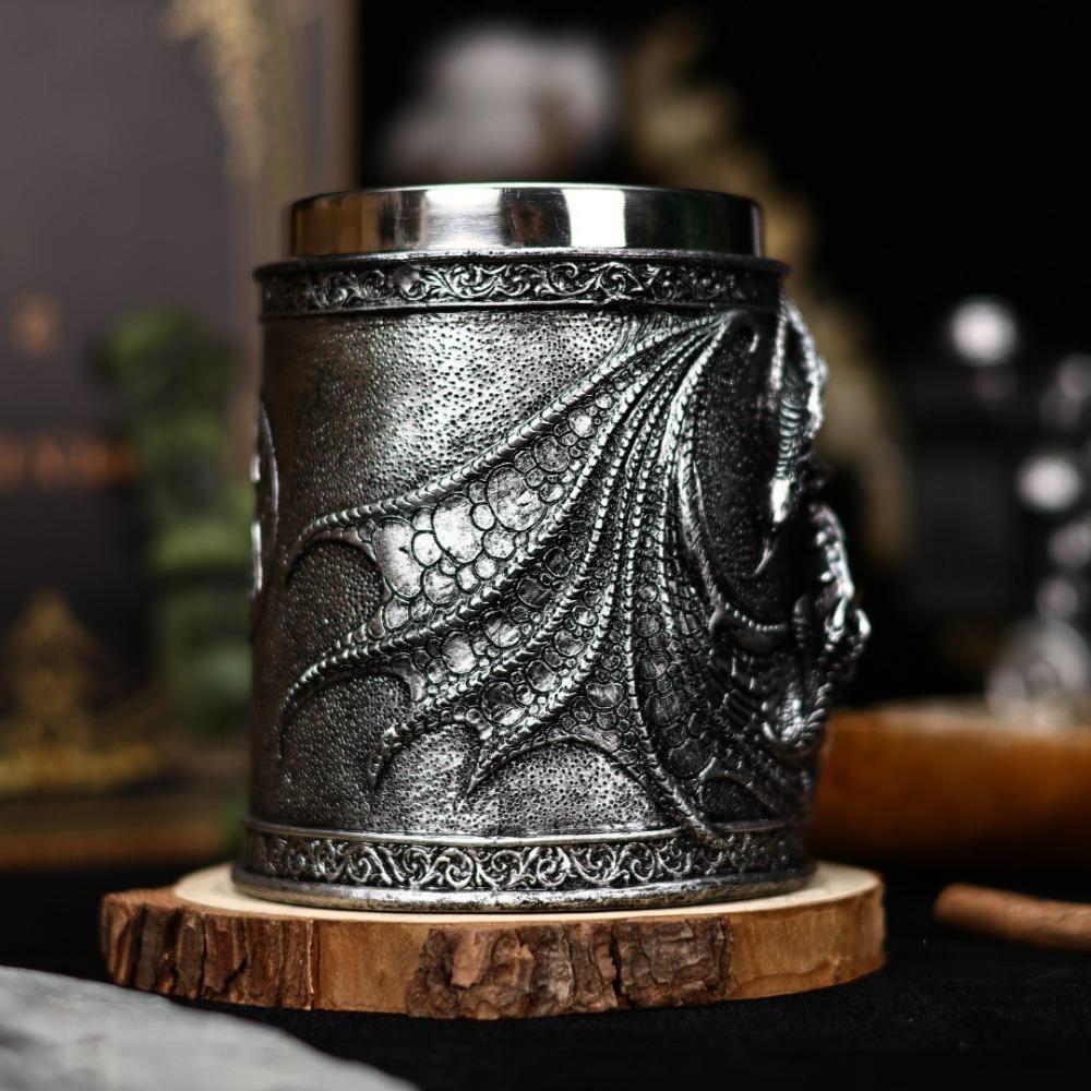 304 Stainless Steel Inner Gothic Flying Dragon Beer Stein Insulated Drinking Cup Vintage