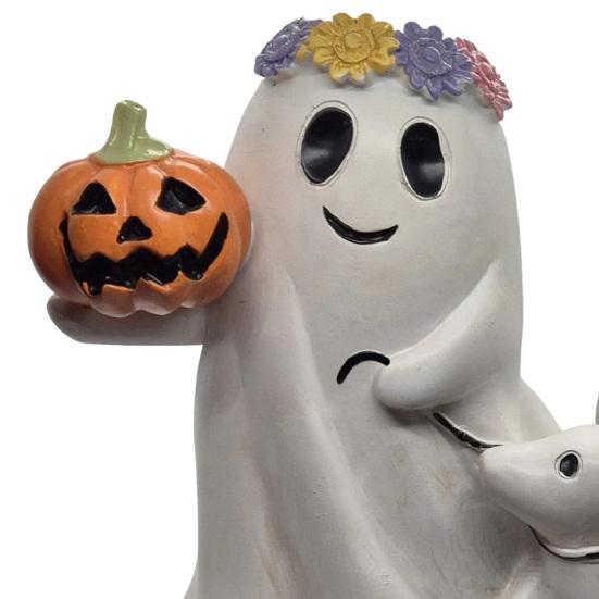 Ghost Walking Dog Halloween Decor Spooky Ghost Dog Figurine Resin Cute Ghost Statue with Pumpkin for Halloween Home Bookshelf Tabletop Decor