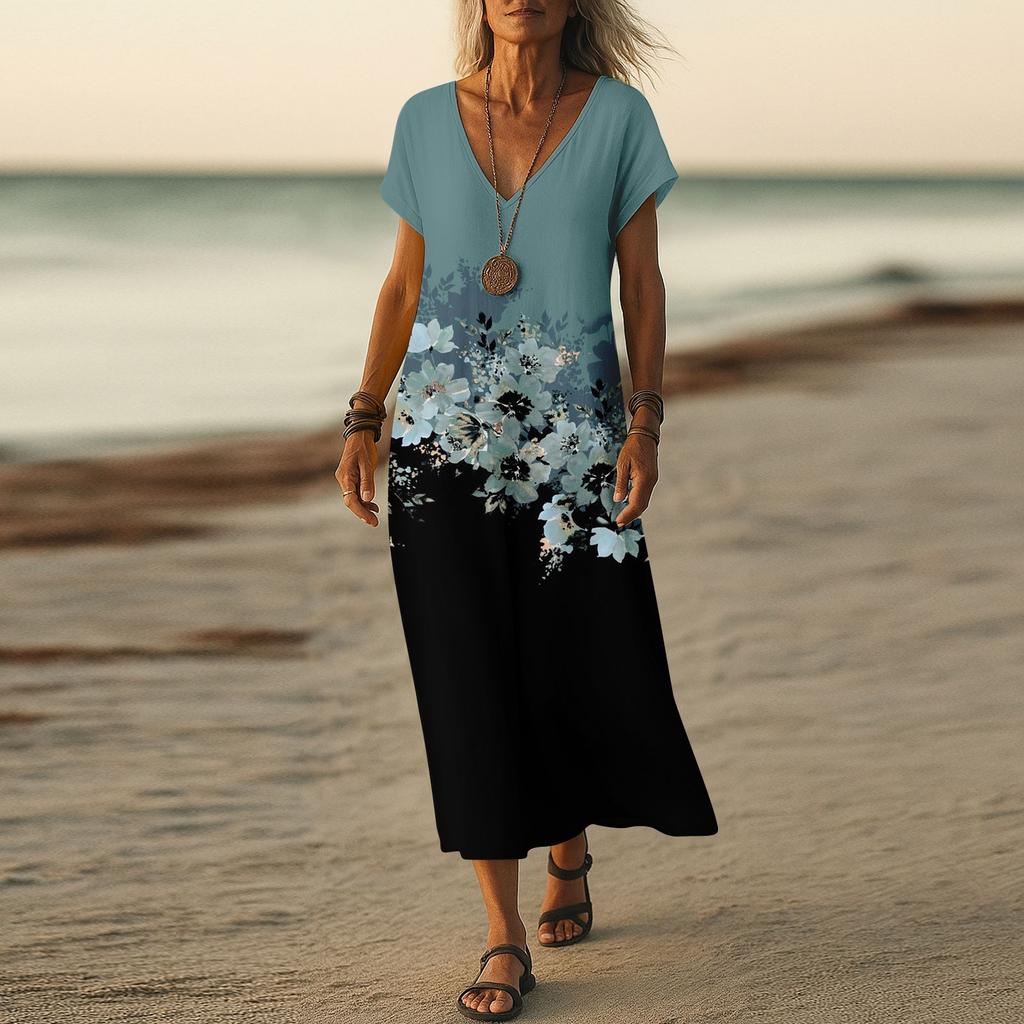 Summer Dress Women's Long Boho Beach Dress Elegant Maxi Dress V-Neck Short Sleeve Summer Tunic Dress Light Airy