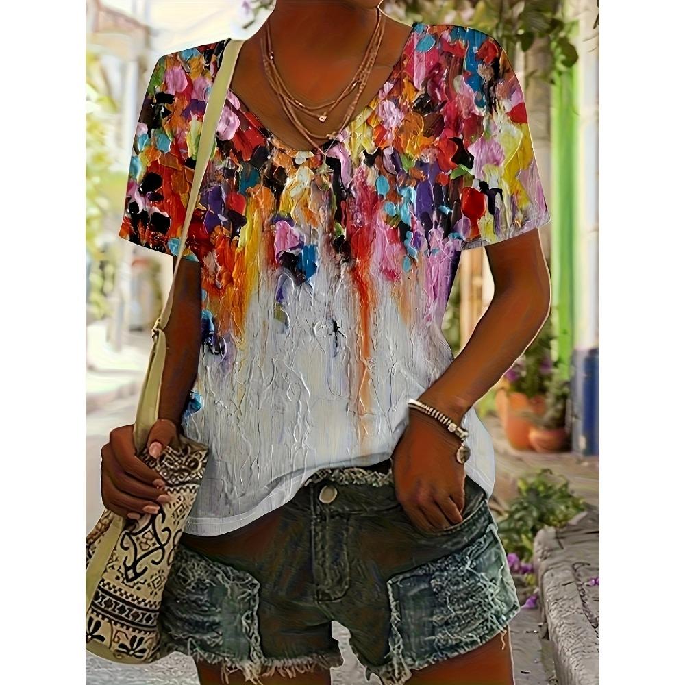 

Tie-dye printed V-neck T-shirt, spring and summer casual short-sleeved tops, women s clothing XL