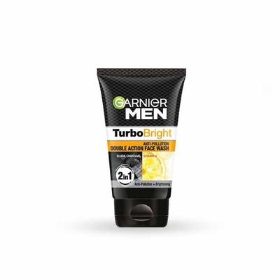 Garnier Men Turbo Bright Double Action Face Wash, hloubkově čistící mycí gel proti znečištění pleti s aktivním uhlím a vitamínem C, 100 g