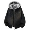 Mens Hooded PU Leather Cotton Jacket Rivet Decor Winter Warm Loose Coat