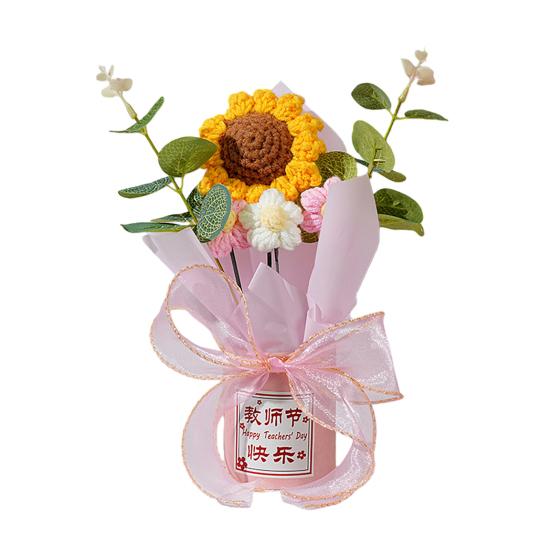 Teachers  Day Crochet Sunflower Eucalyptus Leaf Handmade Knitting Bouquet with Yarn Floral Decoration Home розовый