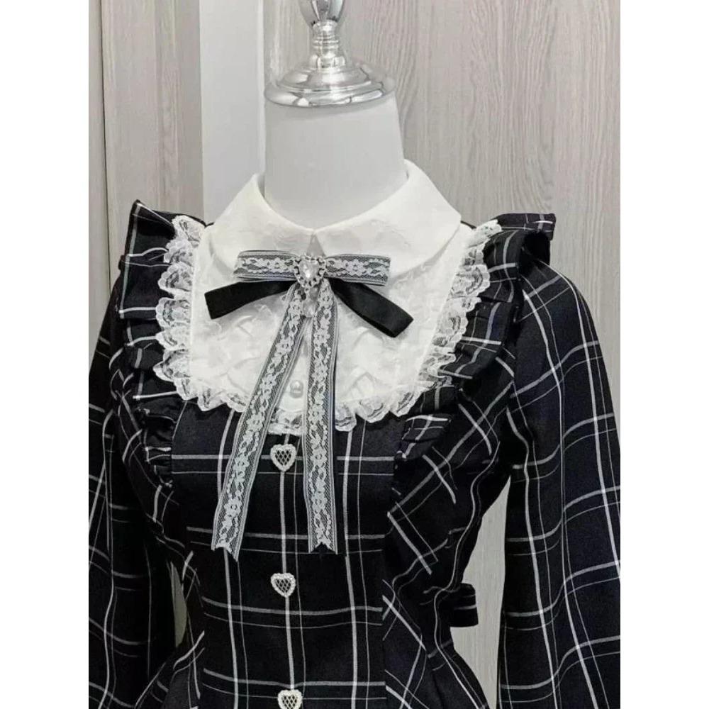 Japanese Fairy Sweet Lace Patchwork Plaid Dress Women Kawaii Grunge Ruffled Long Sleeve Dresses Y2k Aesthetic JK Lolita Vestidos
