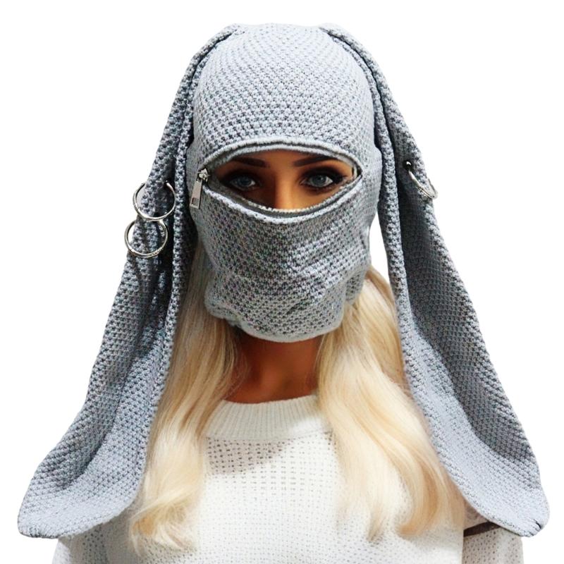 

Knitted Hooded Face Mask Hat Adult Lovely Balaclava Hat with Long Rabbit Ears Teens Winter Warm Hat for Daily Use сірий колір