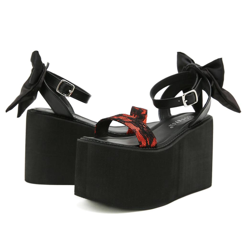 Gdgydh Buckle Strap Women Platform Sandals Retro Lace Patchwork Thick-Soled Big Bow Waterproof Summer Chunky Heeled Sandals