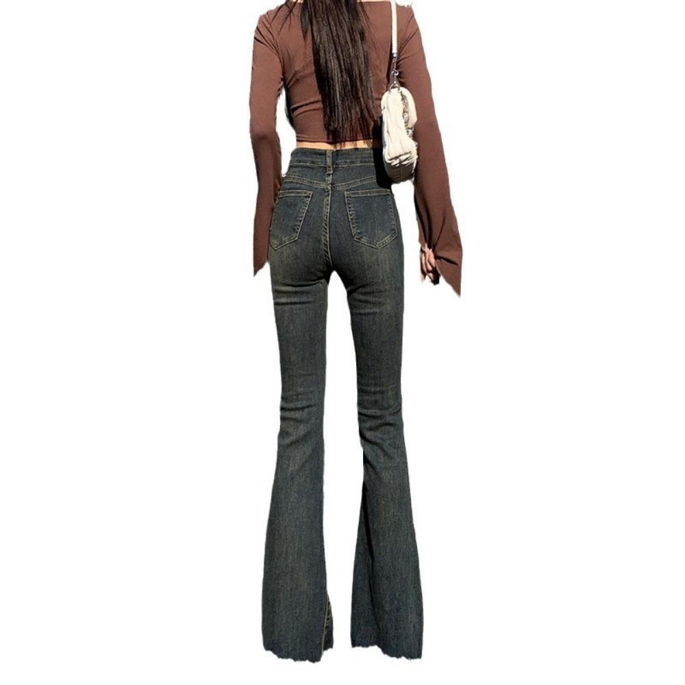 Slight jeans women's autumn and winter new rough-edged horseshoe pants versatile high-waisted thin fringed flared pants tide