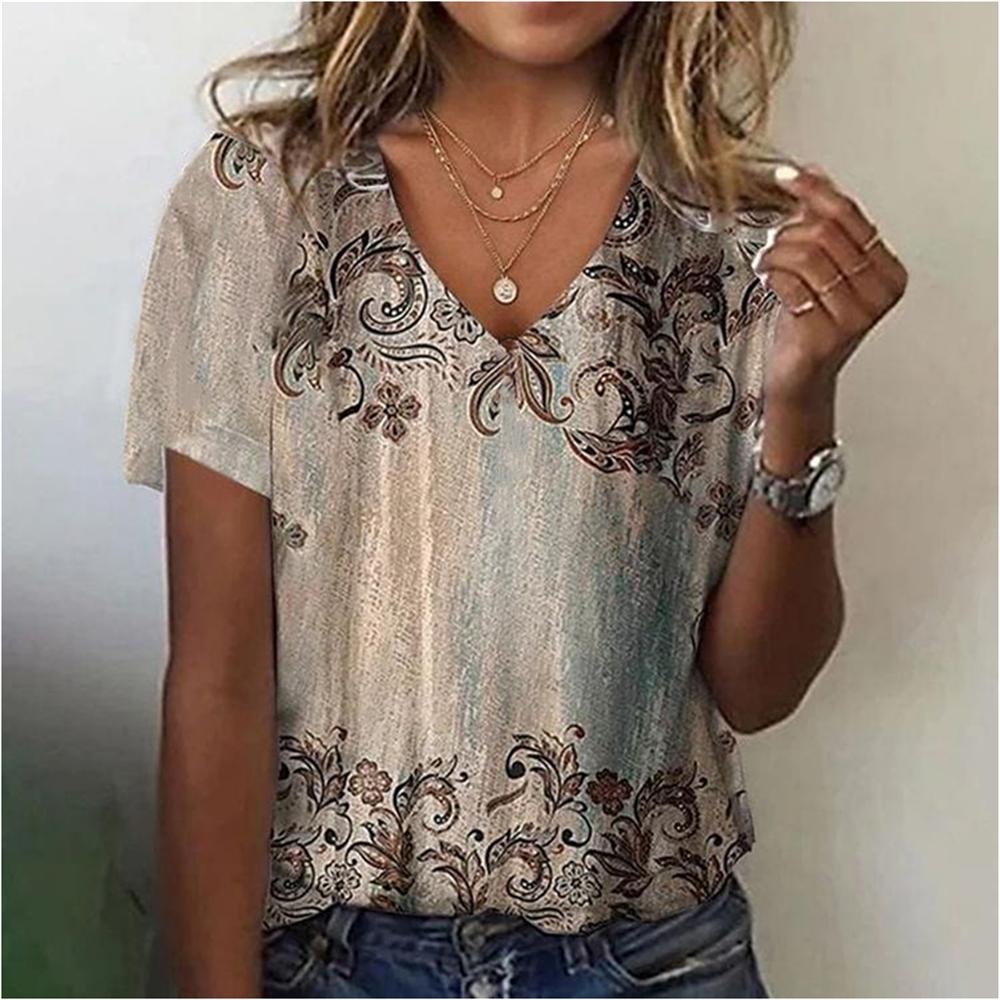 Flower Floral 3D Print T-Shirts Women Streetwear Summer Harajuku T Shirt Y2k Tops V-Neck Tees Woman Female Oversized Clothing
