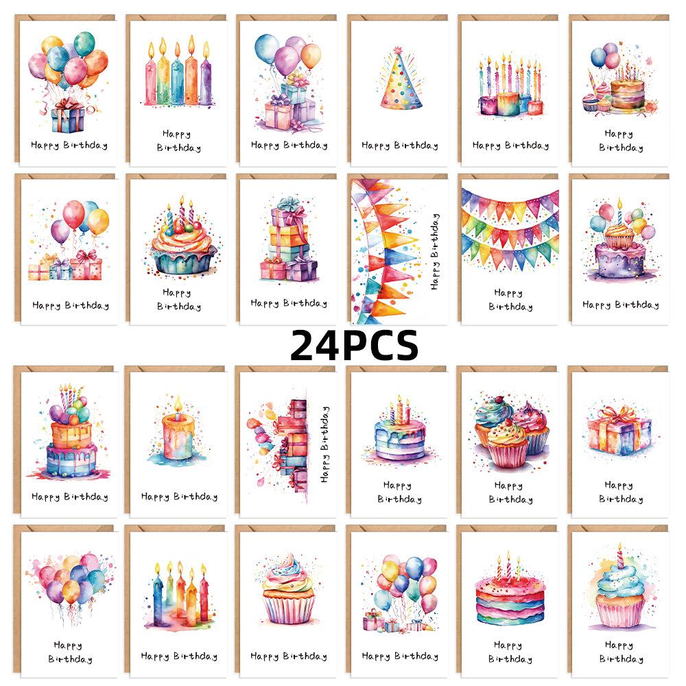 24pcs Cartoon Watercolor Greeting Cards with Envelopes, Handmade Birthday Party Invitations