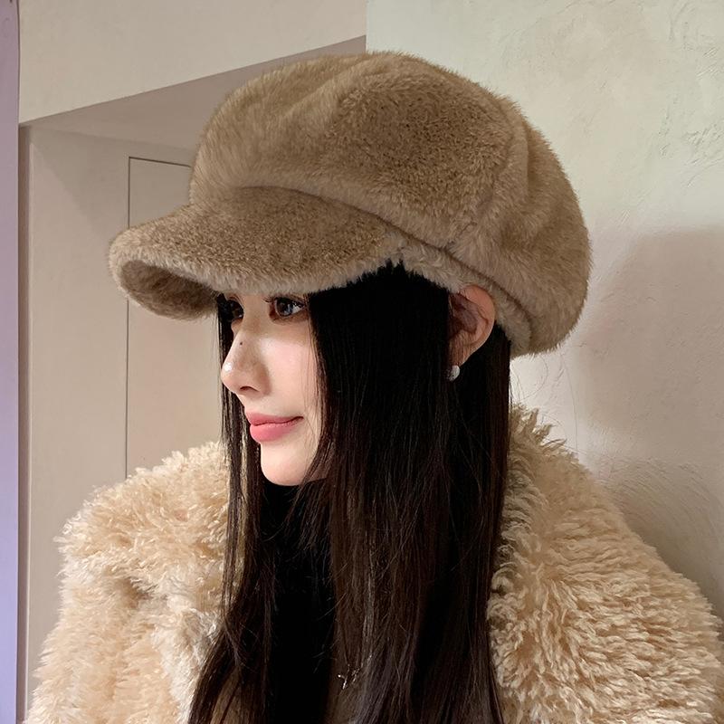Korean Winter Hat for Women's Thickened Warm Baseball Cap Showing Face Small High end Plush Hat Fashionable and Versatile Octagonal Hat