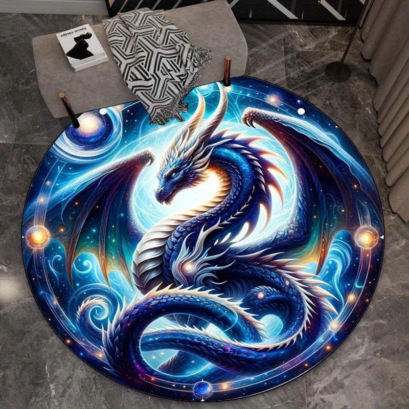 Blue Dragon Galaxy Cosmic Round Rug Fantasy Mythical Creature Crystal Velvet Carpet for Bedroom Living Room Gaming Room Decor