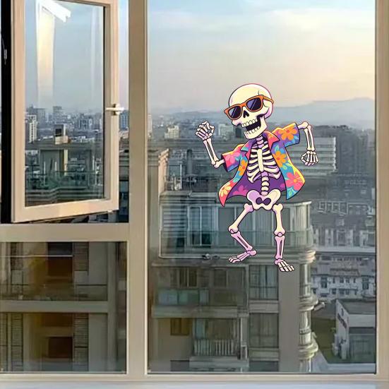 Dancing Skeleton Static Glass Sticker, Skeleton with Sunglasses And Floral Shirt Window Clings, Waterproof Window Decals for Bars Pubs Restaurants