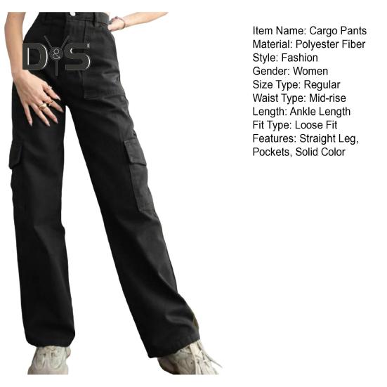 Women Cargo Pants Mid-rise Button Zipper Waist Casual Trousers with Multi Pockets Straight Leg Loose Fit Solid Color Long Pants