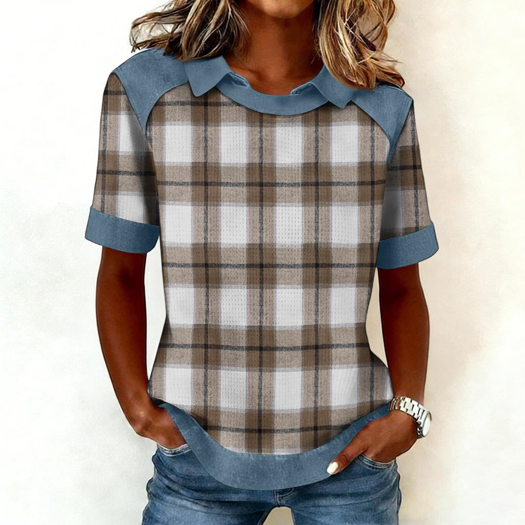 Women's Fashion Collar Cowboy Splicing Sweatshirt Casual Printed Hoodie Short Sleeve Shirt Top