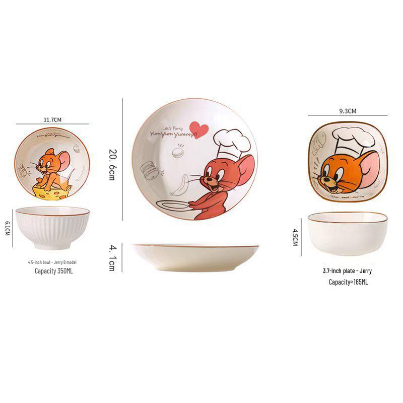 Tom & Jerry Ceramic Bowl and Plate Set: Cartoon Underglaze Color, Heat-Resistant, High-Value Tableware.