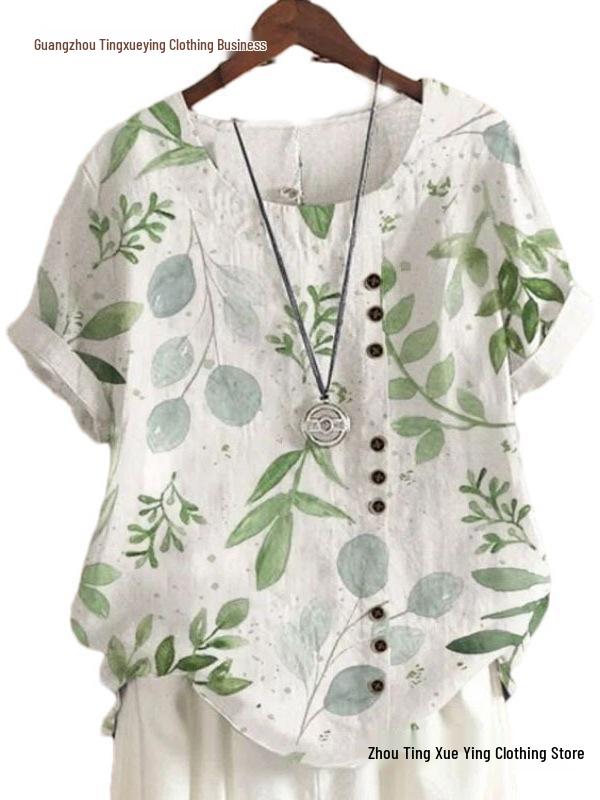 Women's Summer Retro Print Loose Cotton-Linen Short Sleeve Casual T-Shirt