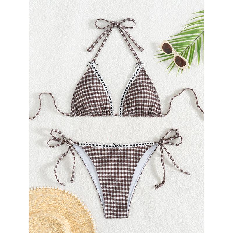Plaid Bikini Set Women Swimsuit Two-Piece Halter Lace Up Bow Female Swimwear Sleeveless Bathing Summer Fashion Beachwear