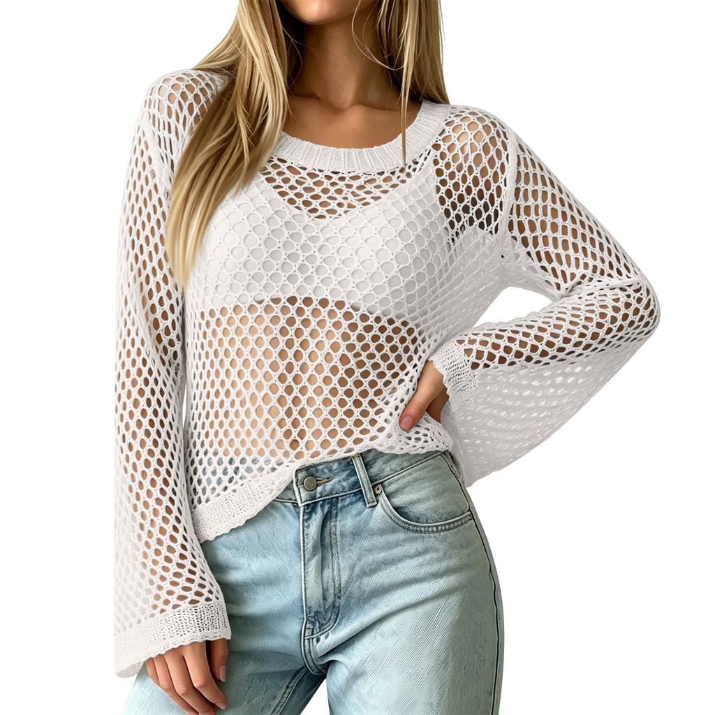 Women Casual Crochet Hollow Out Sweater Top Lightweight Knit Mesh Pullover Half Sleeve Beach Swim Cover Up Blouse