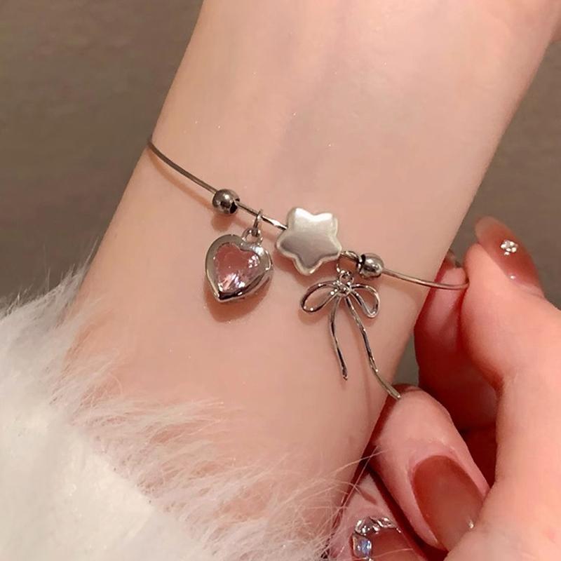 Fashion Women's Bowknot Pendant Bracelet Star Pink Zircon Heart Open Bangle Bracelet Accessory for Women Girl Y2K Style