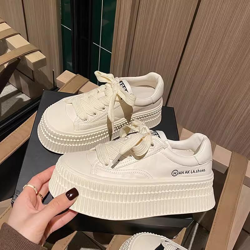Spring New All-Matching Genuine Leather Thick Bottom Heightened Easy Wear Shoes Comfortable Soft Bottom Casual Sneakers
