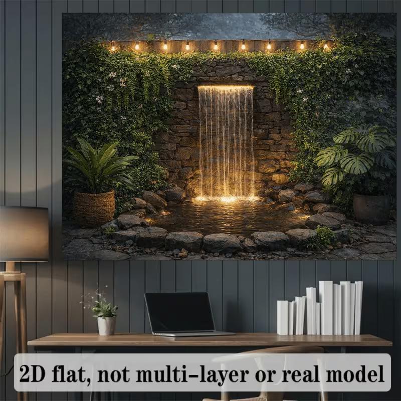 Warm String Light Cascading Water Rock Patio Photo Background 47.2x31.5inch/120*80cm