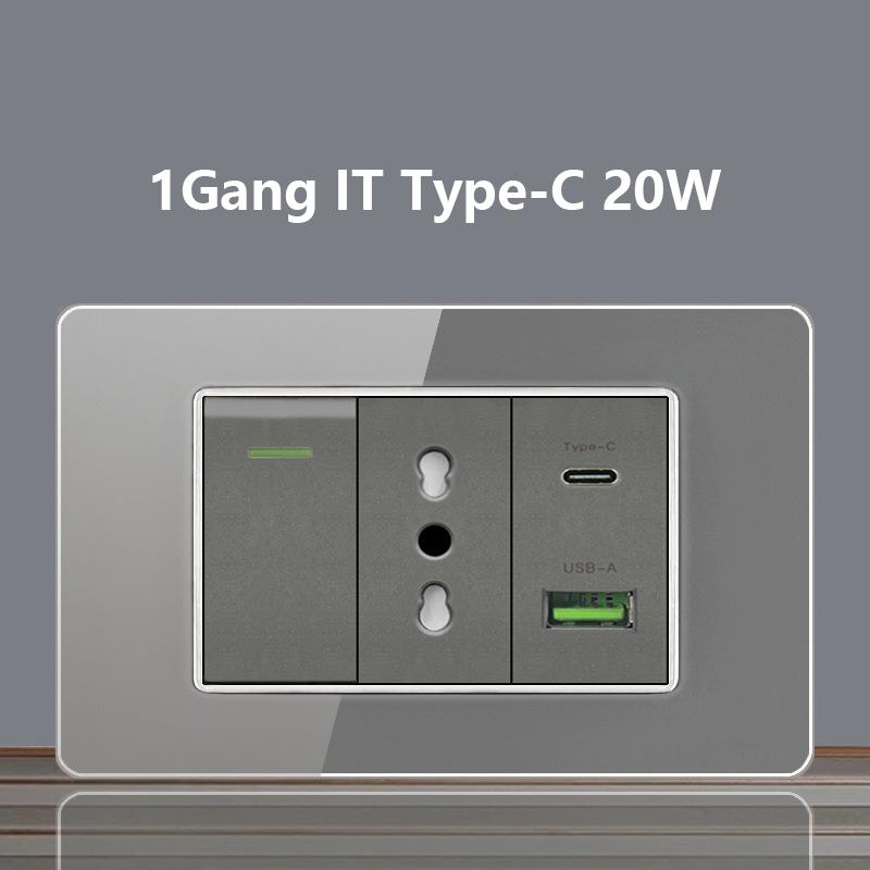 Italy Chile Socket with USB Smart Type-c 20W Fast Charging Glass Wall Electric Light Switch,Thai US Brazil Dual USB Power Socket