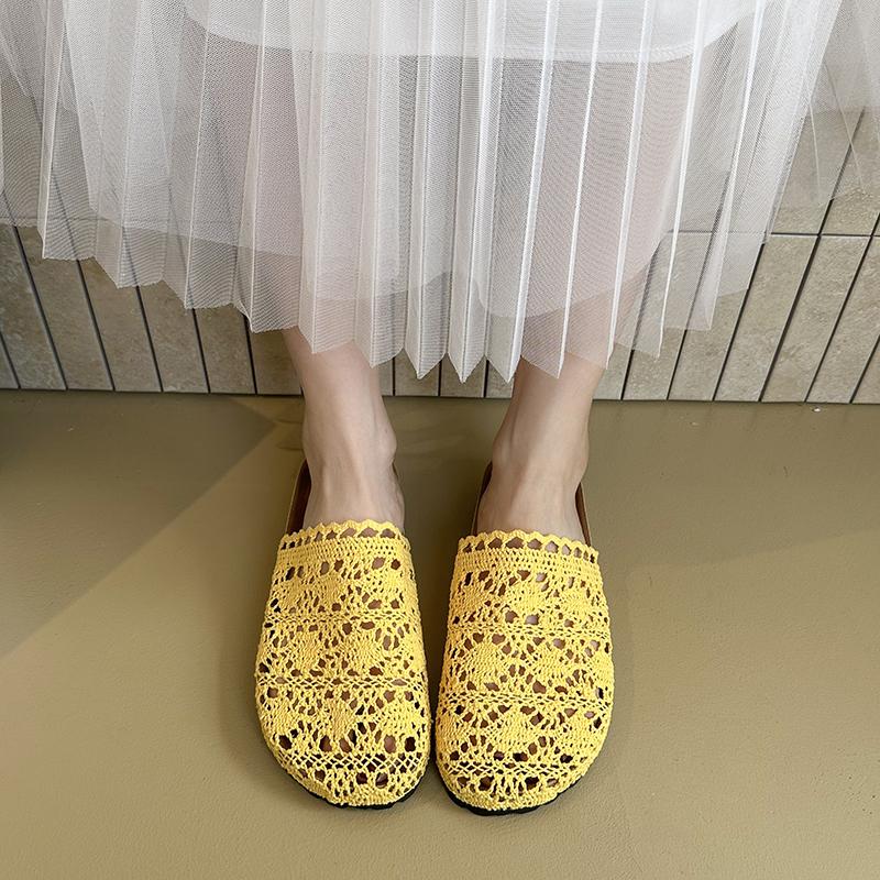 Platform Baotou Half Slippers Women's Outward Wear Summer New Round Toe Deep Mouth Woven Versatile Slip-on Flat Cool Slippers